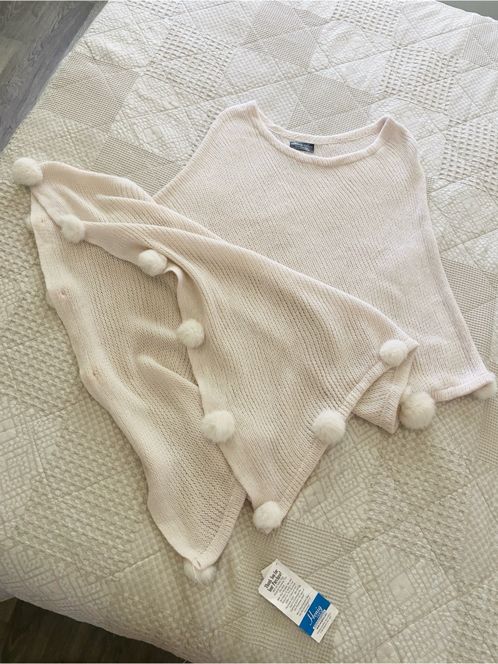 Henig Furs Ivory Knit Elegant Poncho Cape Genuine Fur Pom Pom Oversized Sweater